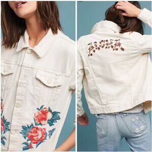 🆕 Anthropologie Mother Bruiser Cropped Embroidery Denim Jacket Size‎ Medium